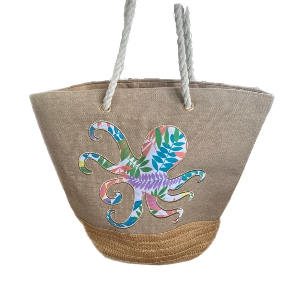 Floral Octopus Embroidered on Tan Canvas, Rope Handled Beach Bag Tote